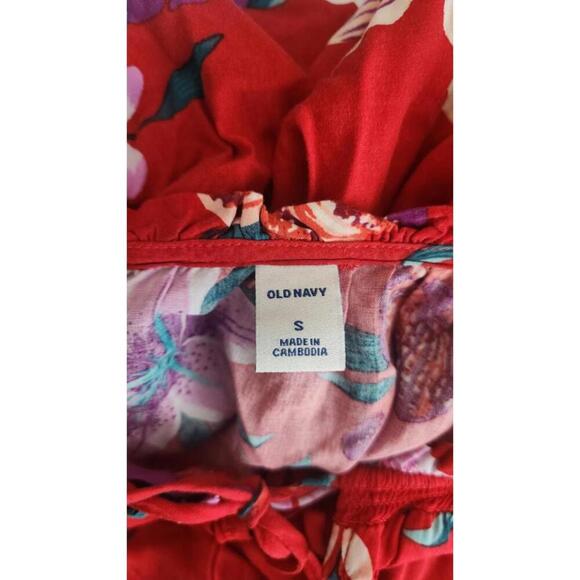 Old Navy Dress Womens Small Red Floral Short Sleeve Boho Summer Rayon Pockets - Picture 4 of 7